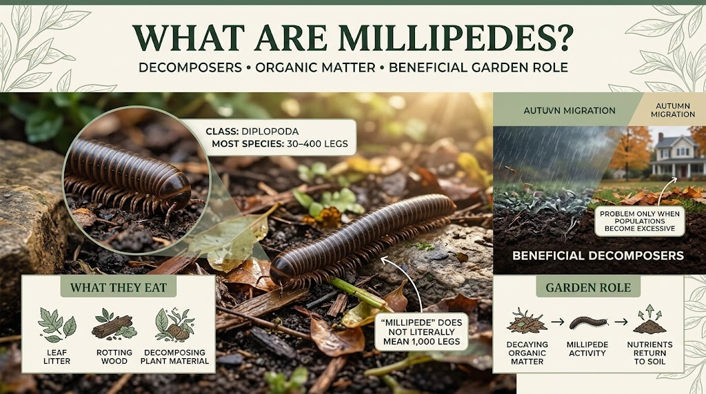 Millipede: Identification, Habitat & Control Guide Essential Millipede crawling through damp soil and leaf litter, showing its long segmented body and numerous legs.
