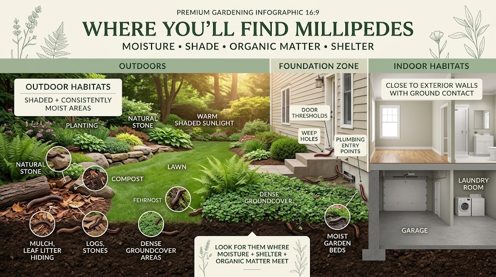 Millipede: Identification, Habitat & Control Guide Essential Millipedes gathered in damp leaf litter, soil, mulch, and shaded areas around a garden.