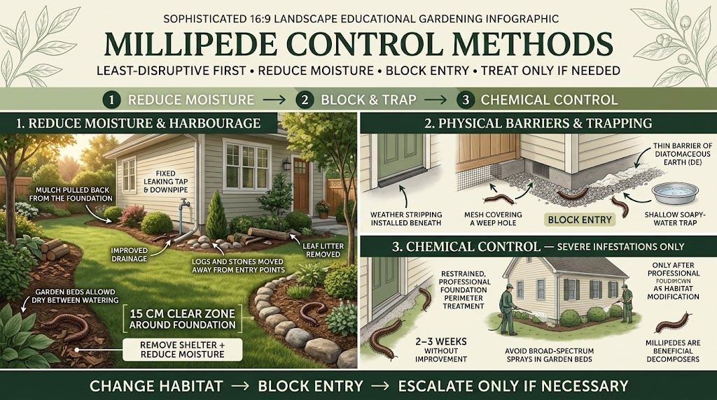 Millipede: Identification, Habitat & Control Guide Essential Gentle millipede control methods including removing damp debris, reducing moisture, and sealing entry points.