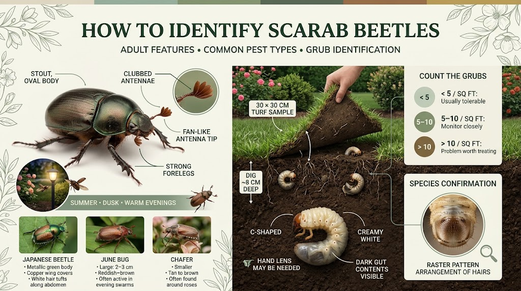 Scarab: Identification, Damage & Effective Control Guide Close-up of a scarab beetle showing its hard body, six legs, antennae, and distinctive wing covers.