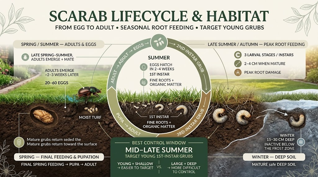 Scarab: Identification, Damage & Effective Control Guide Scarab beetles at different life stages, including grubs in soil and adult beetles on garden plants.