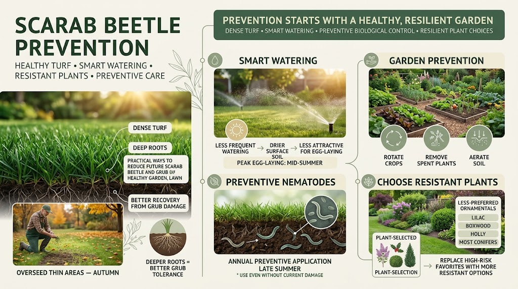Scarab: Identification, Damage & Effective Control Guide Healthy garden plants and well-maintained soil helping prevent scarab beetle infestations and plant damage.