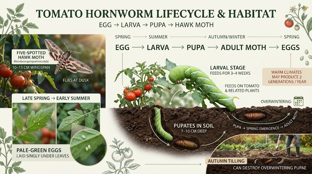 Hornworm: Identification, Damage & Tomato Plant Control Tomato hornworm lifecycle from egg and larva to soil pupa and adult hawk moth, shown across seasonal garden stages.
