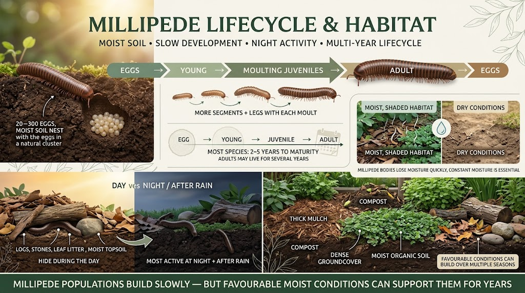 Millipede: Identification, Habitat & Control Guide Essential Millipedes developing in moist soil beneath mulch, logs, stones, and leaf litter, showing their preferred damp garden habitat.