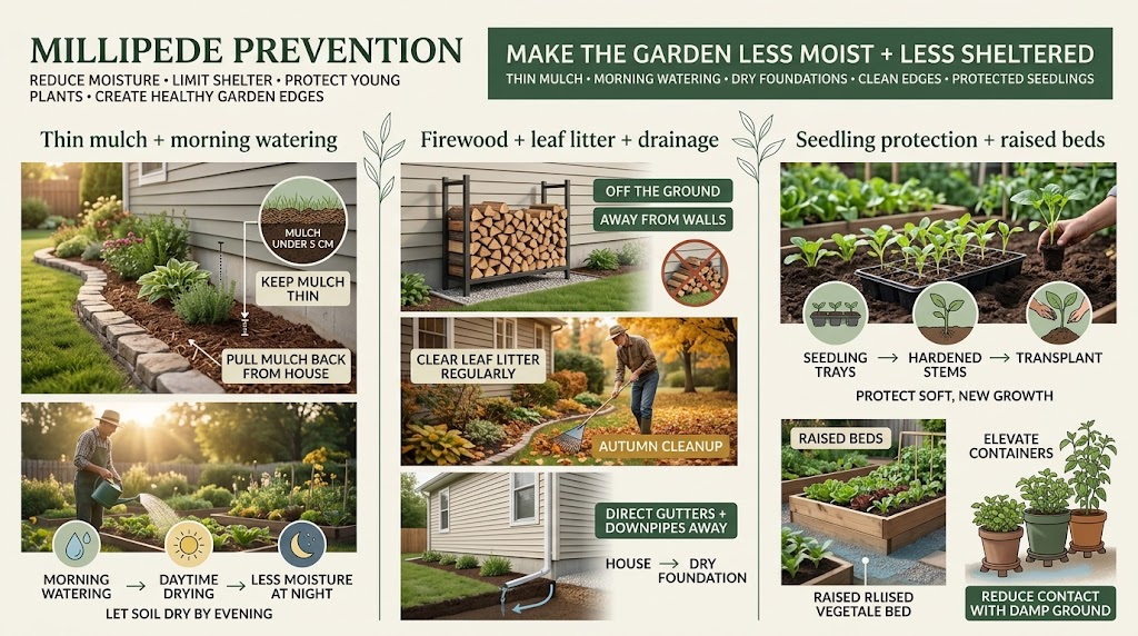 Millipede: Identification, Habitat & Control Guide Essential Healthy garden showing millipede prevention methods, including thin mulch, morning watering, dry foundations, clear leaf litter, proper drainage, and raised beds.