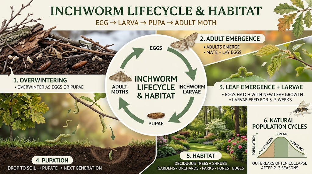 Inchworm: Identification, Plant Damage & Effective Control Inchworms at different life stages living among leaves, branches, and garden vegetation.