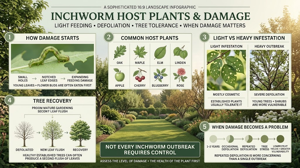 Inchworm: Identification, Plant Damage & Effective Control Inchworms feeding on leaves and creating holes and chewed edges on garden plants.