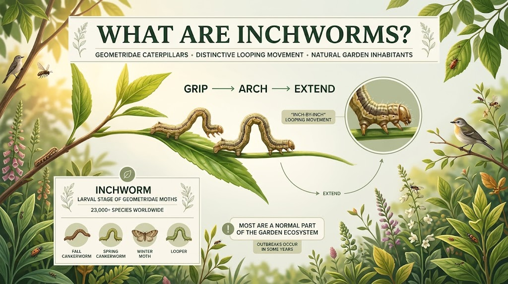 Inchworm: Identification, Plant Damage & Effective Control Green inchworms with slender bodies moving along leaves and branches in a garden.