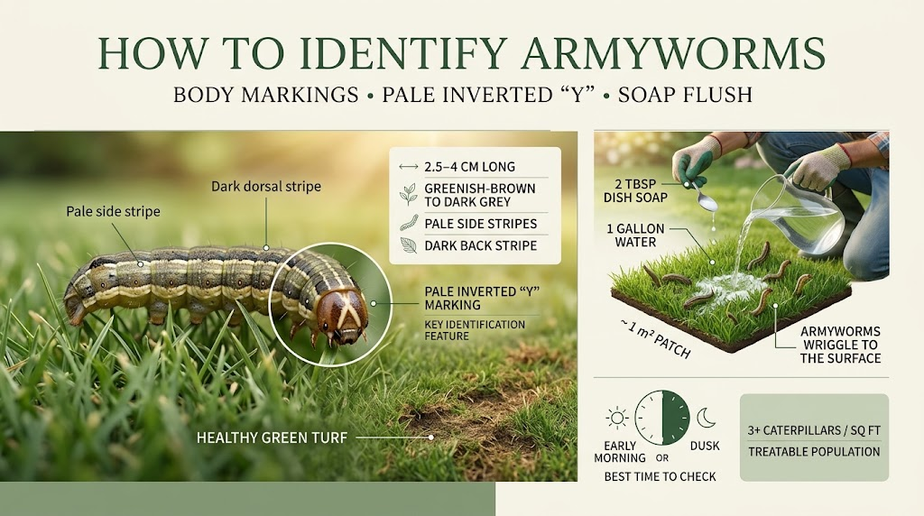 Army Worms: Identification, Damage & Effective Control Guide Close-up of an armyworm showing its elongated body, stripes, markings, and distinctive caterpillar features.