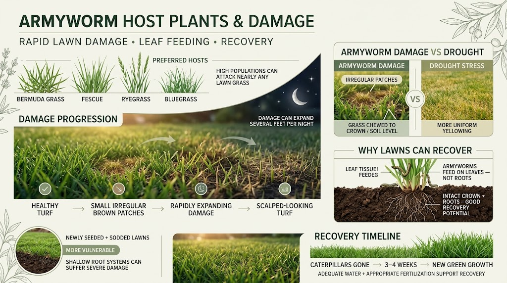 Army Worms: Identification, Damage & Effective Control Guide Armyworms feeding on grass and plant leaves, leaving ragged edges, holes, and severe feeding damage.