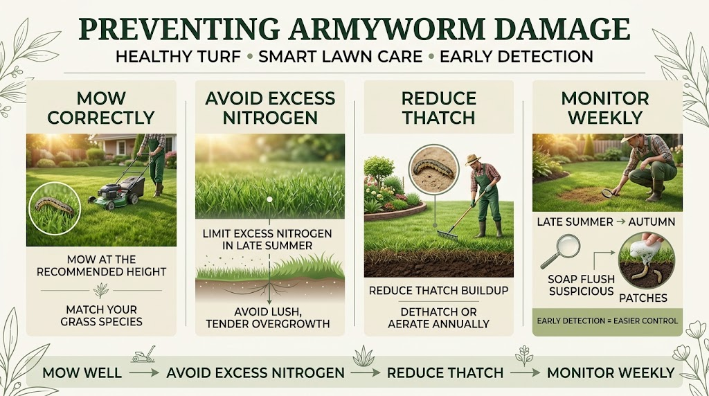 Army Worms: Identification, Damage & Effective Control Guide Healthy lawn and garden plants being maintained and inspected regularly to help prevent armyworm infestations.