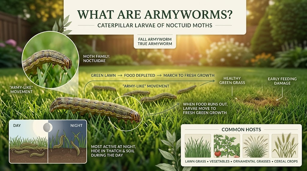 Army Worms: Identification, Damage & Effective Control Guide Armyworms are caterpillar pests that feed in groups on grass, vegetables, flowers, and other garden plants.