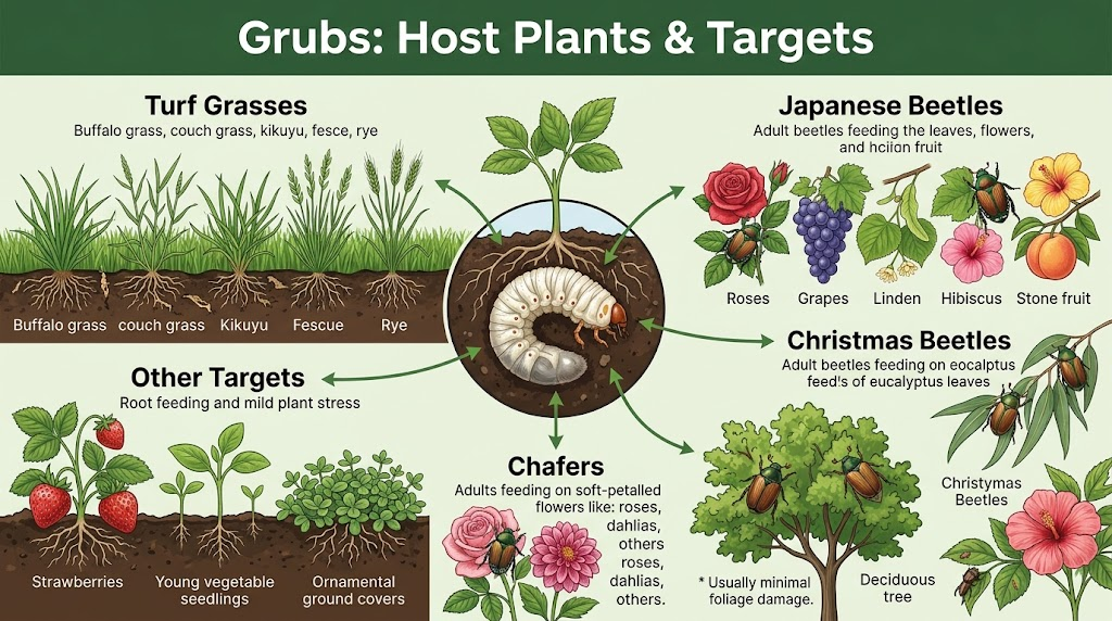 Scarab: Identification, Damage & Effective Control Guide Infographic showing grub host plants and targets, including turf grasses, strawberries, seedlings, ornamental ground covers, roses, eucalyptus, deciduous trees, and flowering plants.