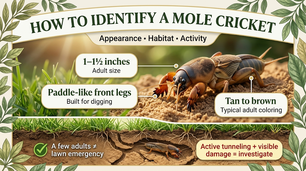 Mole Cricket: Identification, Lawn Damage & Pest Control Mole cricket identification showing the insect’s distinctive body and shovel-like front legs.