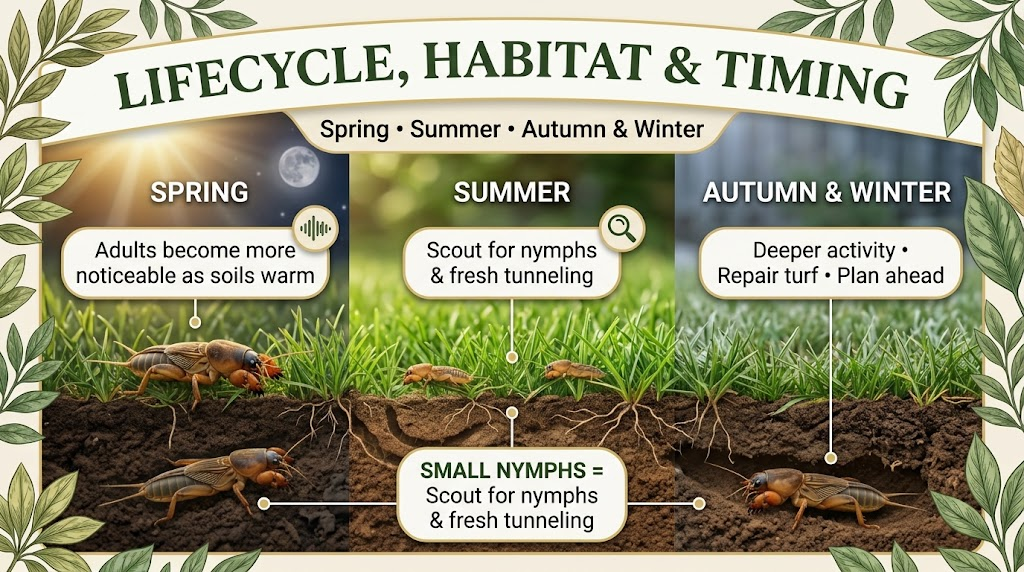 Mole Cricket: Identification, Lawn Damage & Pest Control Mole cricket lifecycle showing eggs, nymphs, adults, and seasonal activity in lawn soil.