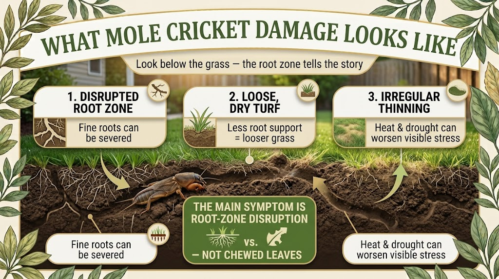 Mole Cricket: Identification, Lawn Damage & Pest Control Mole cricket damage showing disrupted roots, loose grass, surface tunnels, and thinning patches in a lawn.