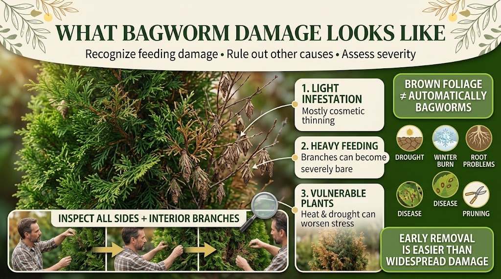 Bagworms: Identification, Damage & Effective Removal Guide Bagworm feeding damage showing defoliated and thinning foliage on an infested plant.