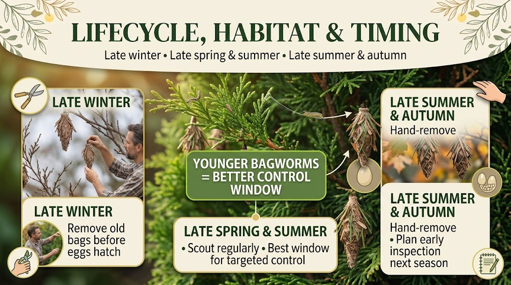 Bagworms: Identification, Damage & Effective Removal Guide Bagworm lifecycle showing eggs, young caterpillars, mature larvae, pupae, and adult moths.