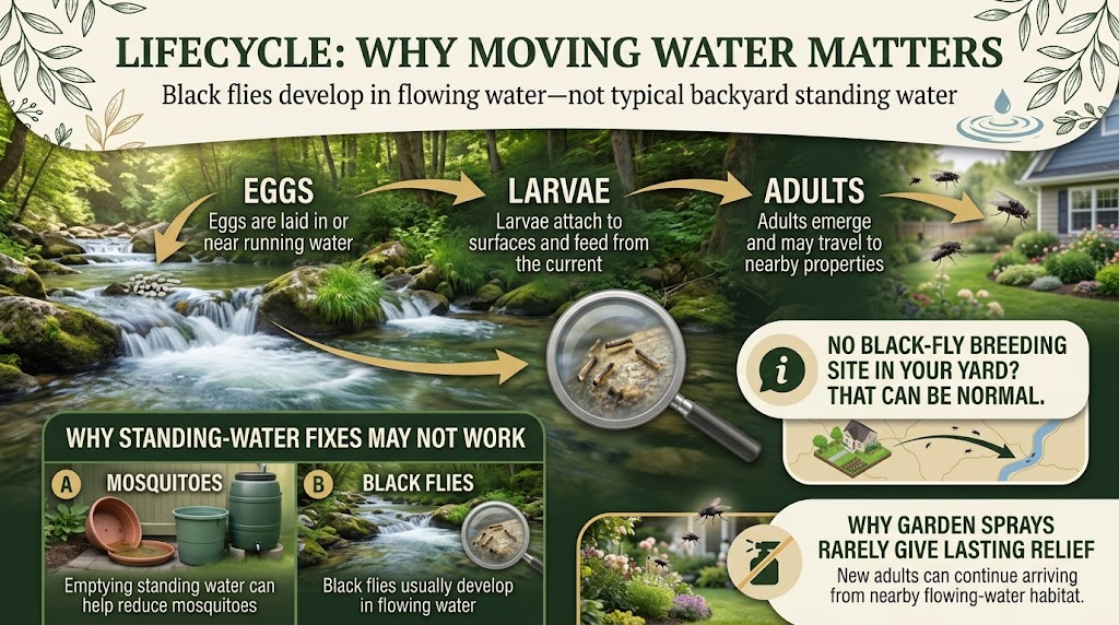 Black Flies Simuliidae: Bites, Identification & Control Tips Black fly larvae developing in clean, fast-moving water attached to submerged rocks or aquatic plants.
