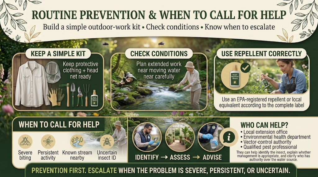 Black Flies Simuliidae: Bites, Identification & Control Tips Outdoor black fly prevention routine showing protective clothing, insect repellent, and other ways to reduce bites.
Pest control professional assessing an outdoor area for black fly activity and potential sources.