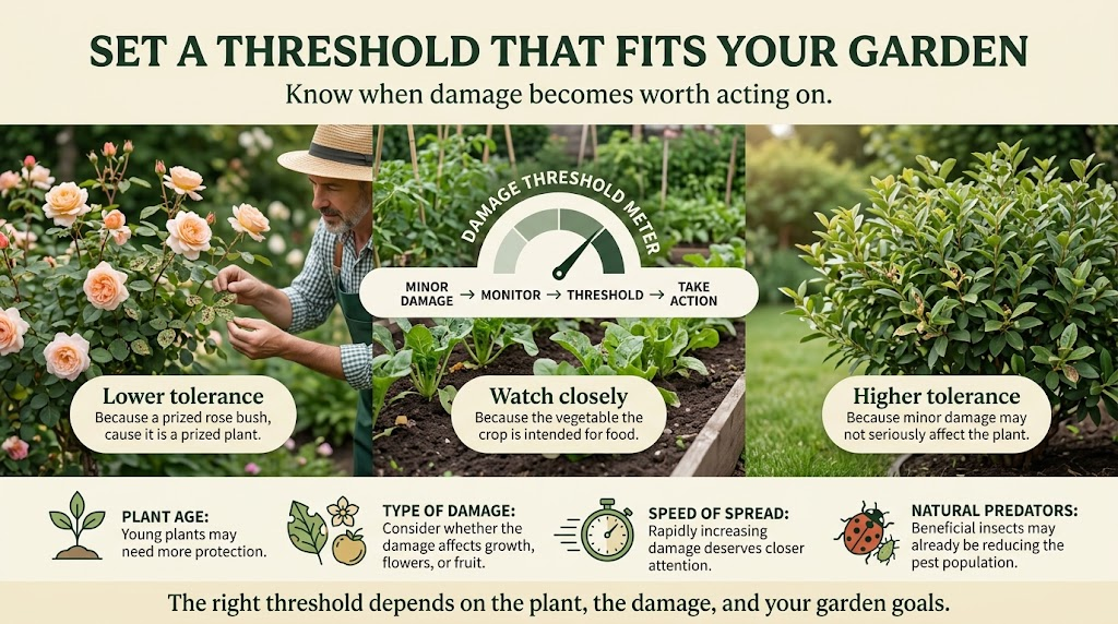 IPM: Integrated Pest Management Principles & Methods Gardener performing a quick weekly inspection of leaves, stems, and plants for pests.
Gardener assessing pest levels to decide when pest control is necessary.
