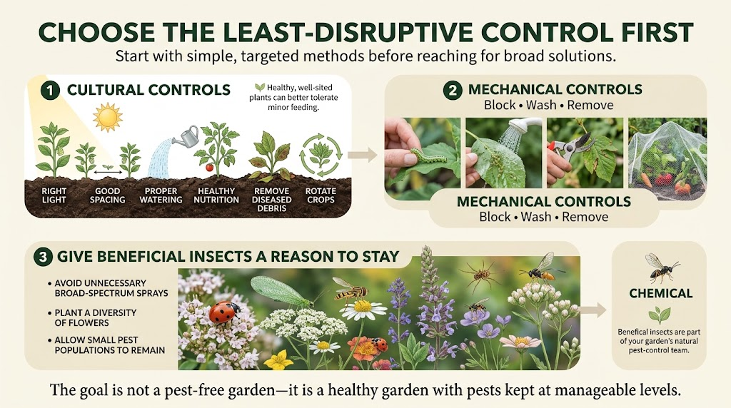 IPM: Integrated Pest Management Principles & Methods IPM approach using the least-disruptive method to manage garden pests.