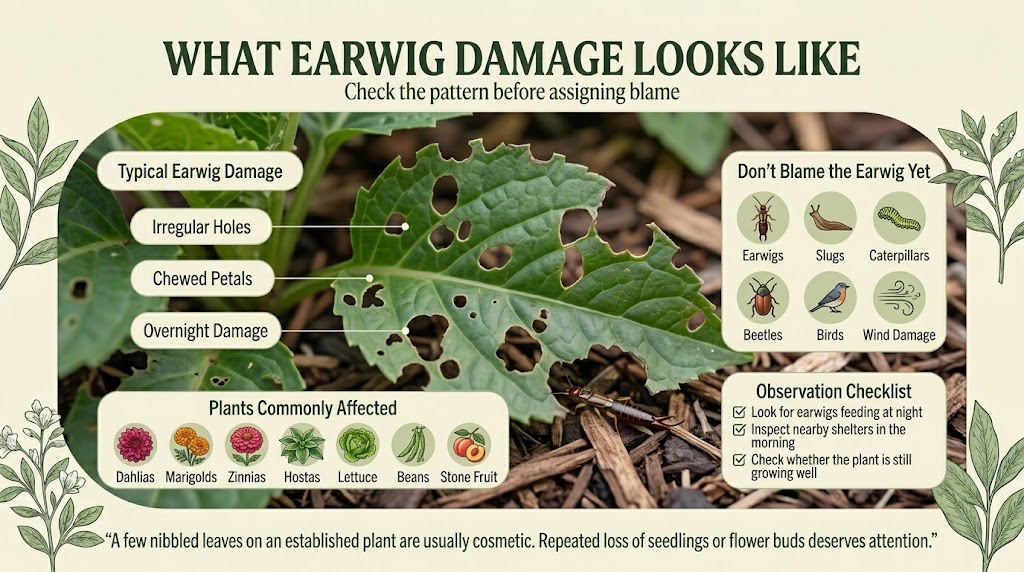 Earwigs: Identification, Plant Damage & Control Guide Earwig feeding damage on garden leaves with irregular holes and ragged edges.