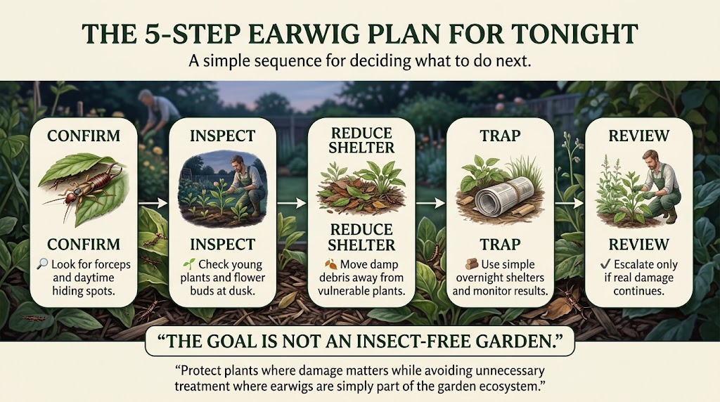 Earwigs: Identification, Plant Damage & Control Guide Five-step earwig control plan showing practical ways to identify, manage, and prevent earwig problems.
