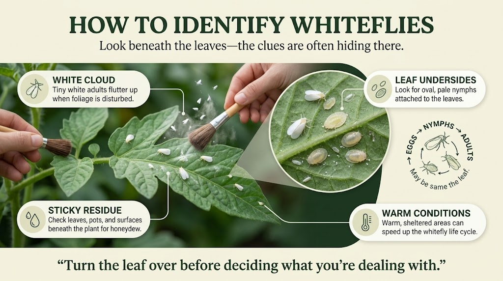 Whiteflies: Identification, Plant Damage & Control Guide Close-up of whiteflies on the underside of a garden leaf for easy identification.