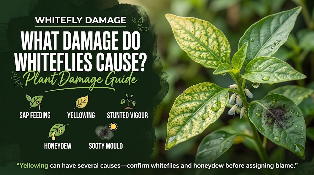 Whiteflies: Identification, Plant Damage & Control Guide Whiteflies feeding on a plant leaf with visible yellowing and signs of pest damage.