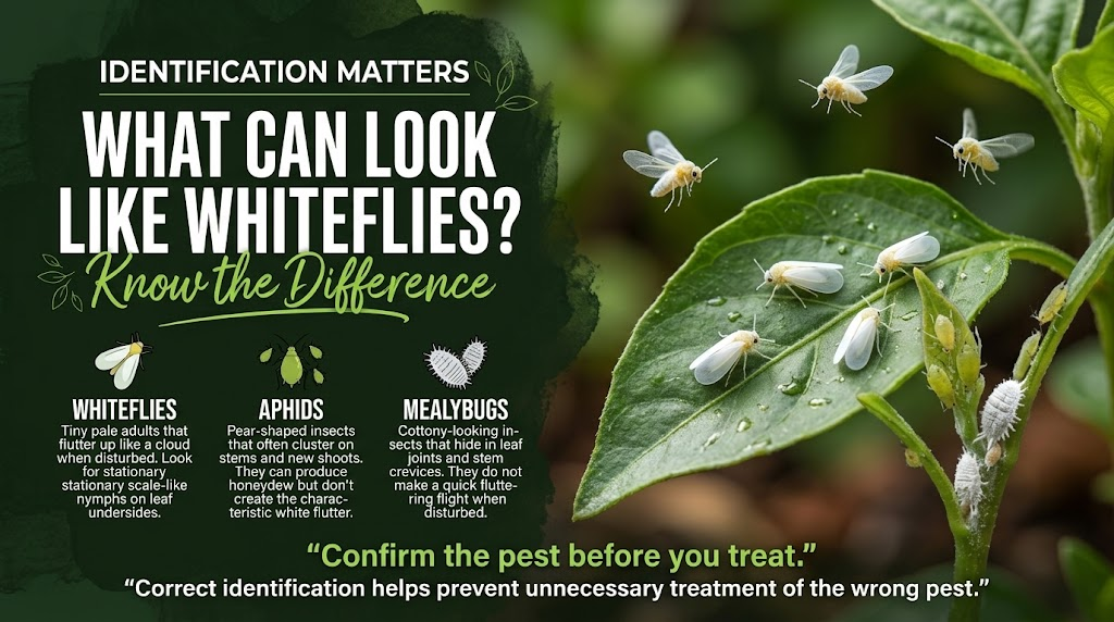 Whiteflies: Identification, Plant Damage & Control Guide Small pale insects on a plant leaf that may be confused with other garden pests.