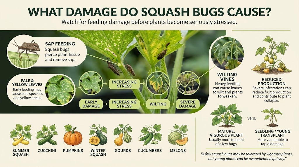 Squash Bugs: Identification, Plant Damage & Control Squash bug feeding damage causing yellowing, wilting, and browning on squash plant leaves.