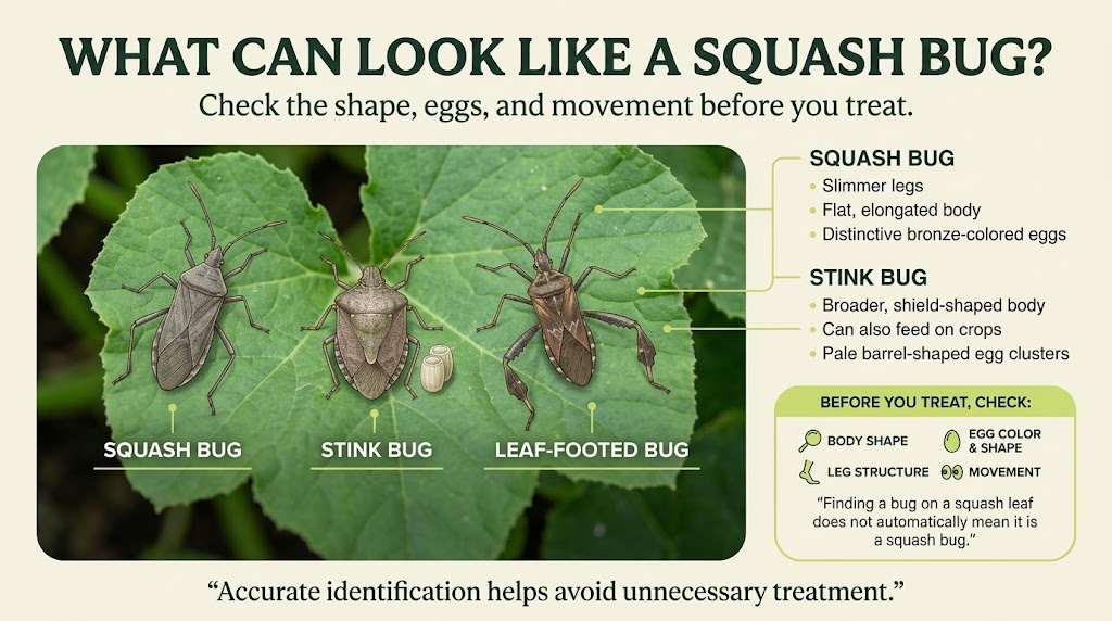 Squash Bugs: Identification, Plant Damage & Control Brown garden insect on a squash leaf that may be confused with other plant-feeding bugs.
