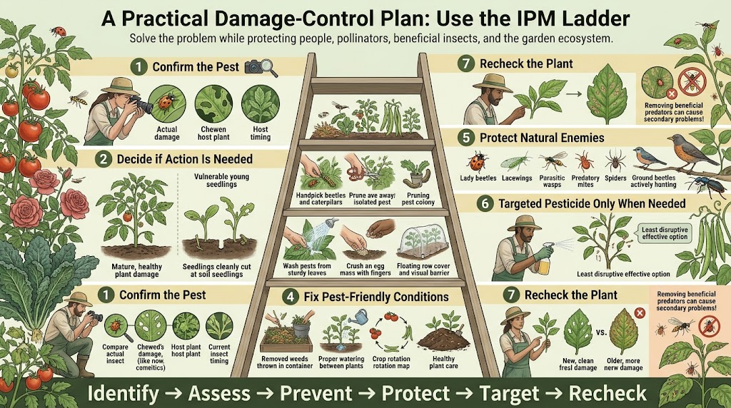 Garden Pest Identification: Common Bugs and Damage Control Infographic showing the seven-step integrated pest management ladder: confirm the pest, assess the need for action, use physical control, fix favorable conditions, protect natural enemies, use targeted pesticides only when needed, and recheck the plant.