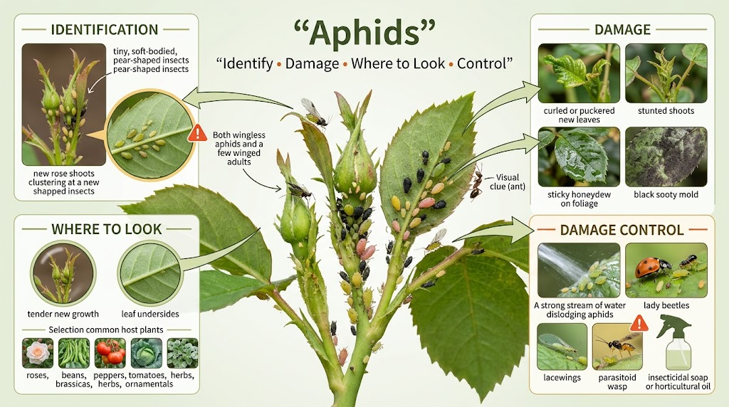 Garden Pest Identification: Common Bugs and Damage Control Aphids clustered on plant stems and leaf undersides, with curled leaves, honeydew, sooty mold, and beneficial insects shown alongside pest control methods.