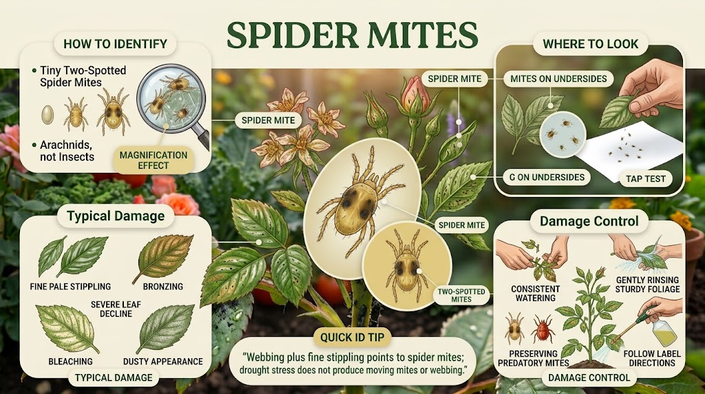 Garden Pest Identification: Common Bugs and Damage Control Infographic showing tiny spider mites on leaf undersides, characteristic stippling and webbing damage, common hiding places, and low-impact control methods.