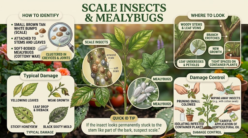 Garden Pest Identification: Common Bugs and Damage Control Infographic showing scale insects and cottony mealybugs on plants, their sap-feeding damage, common hiding places, and methods for managing infestations.