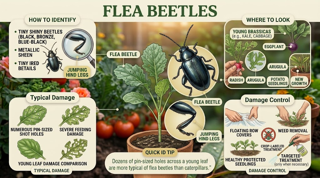 Garden Pest Identification: Common Bugs and Damage Control Infographic showing a shiny flea beetle, its jumping behavior, pin-sized shot holes in young leaves, common host plants, and protective control methods.