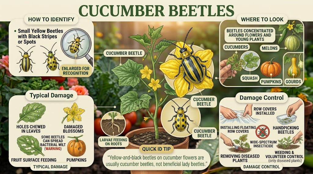 Garden Pest Identification: Common Bugs and Damage Control Infographic showing yellow-and-black cucumber beetles on cucurbit plants, feeding damage, common hiding places, and methods for protecting young plants.