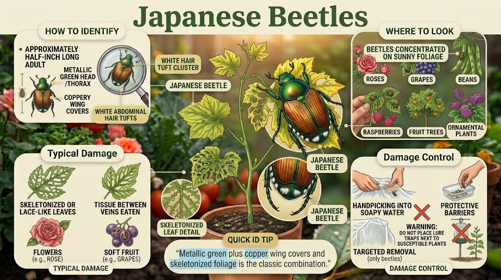 Garden Pest Identification: Common Bugs and Damage Control Infographic showing a metallic green and copper Japanese beetle, skeletonized leaves, common host plants, and methods for managing beetle damage.