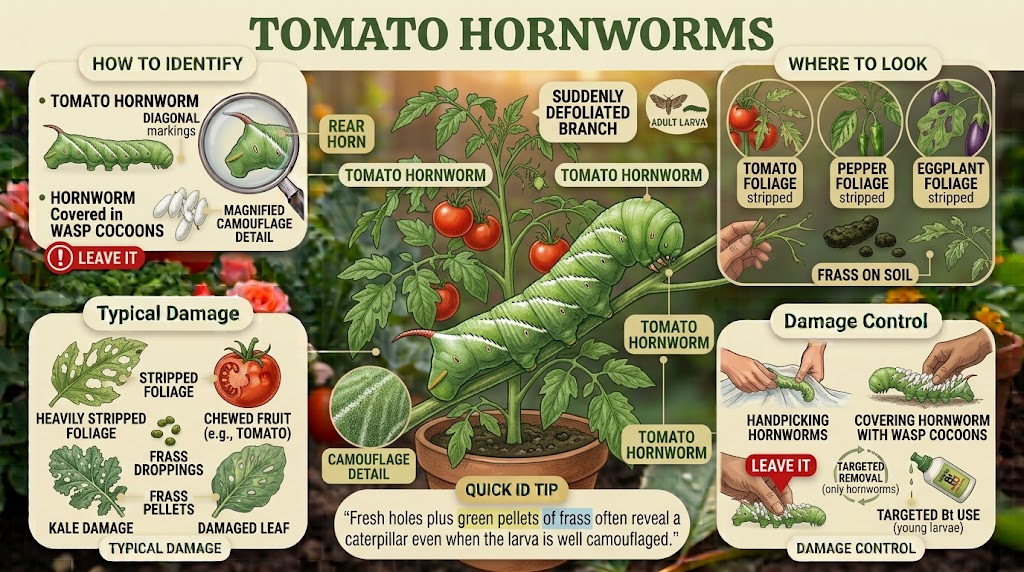 Garden Pest Identification: Common Bugs and Damage Control Infographic showing a large green tomato hornworm with white markings and a rear horn, defoliated tomato foliage, dark frass, and beneficial parasitoid wasp cocoons.