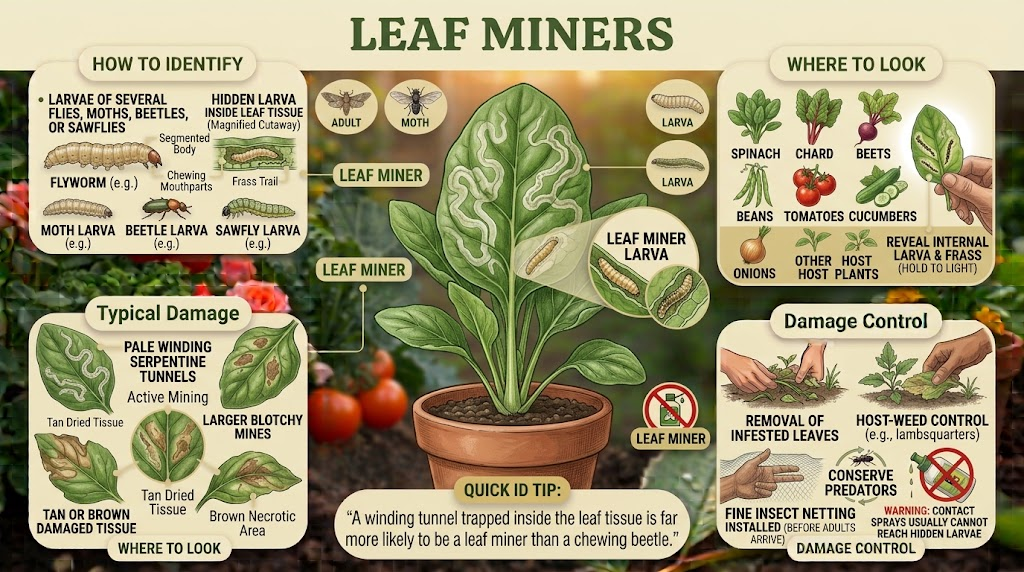 Garden Pest Identification: Common Bugs and Damage Control Infographic showing a leaf miner larva inside leaf tissue, winding serpentine mines, affected garden plants, and prevention and early-removal methods.