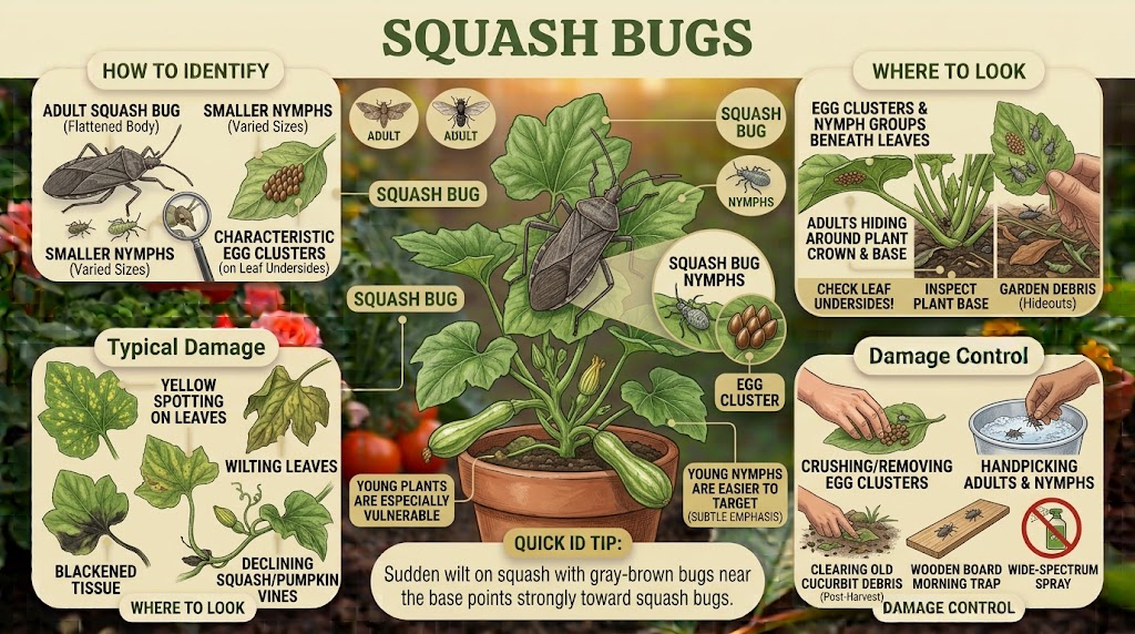 Garden Pest Identification: Common Bugs and Damage Control Infographic showing adult squash bugs, nymphs, and egg clusters on squash leaves, wilt and feeding damage, hiding places, and low-impact control methods.