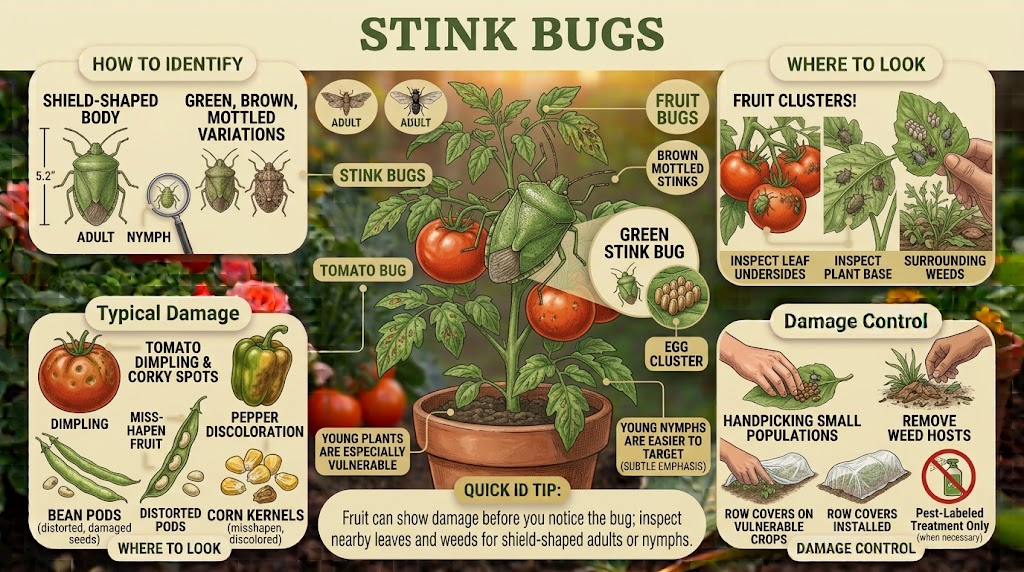 Garden Pest Identification: Common Bugs and Damage Control Infographic showing shield-shaped green and brown stink bugs, fruit and leaf feeding damage, egg masses, common hiding places, and targeted control methods.