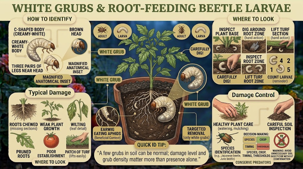 Garden Pest Identification: Common Bugs and Damage Control Infographic showing a creamy white C-shaped grub with a brown head and legs near the head, root damage, soil inspection, and identification-based control methods.