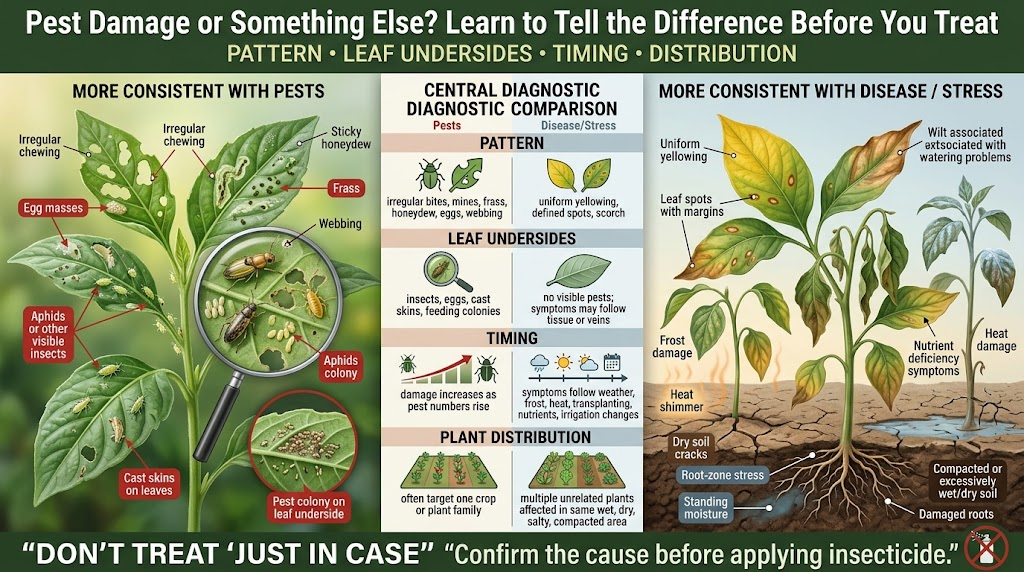 Garden Pest Identification: Common Bugs and Damage Control Comparison infographic showing pest damage clues versus disease or environmental stress, including leaf patterns, undersides, timing, and plant distribution.