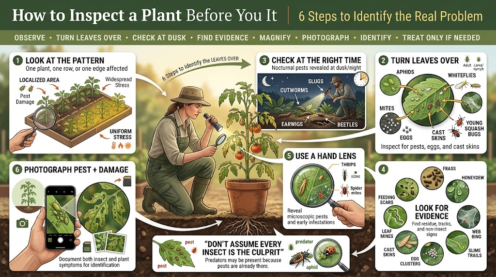 Garden Pest Identification: Common Bugs and Damage Control Gardener inspecting a damaged plant with a flashlight and hand lens, checking leaf undersides, pest evidence, nighttime insects, and photographing damage before treatment.