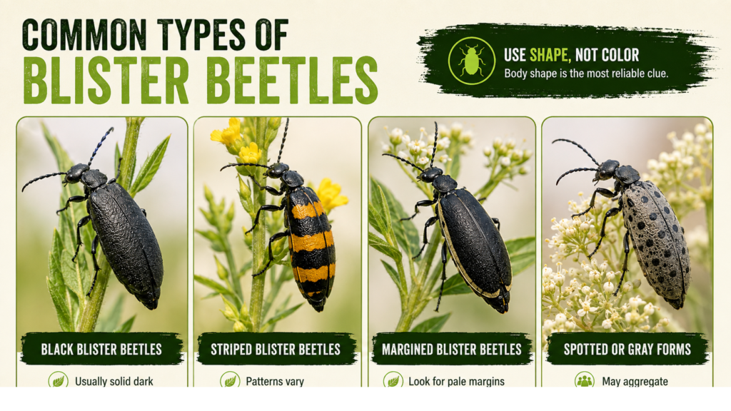 Blister Beetle: Identification, Damage & Control Guide Different species of blister beetles with varied colors and markings
