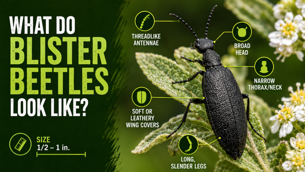 Blister Beetle: Identification, Damage & Control Guide Blister beetle resting on a green plant leaf