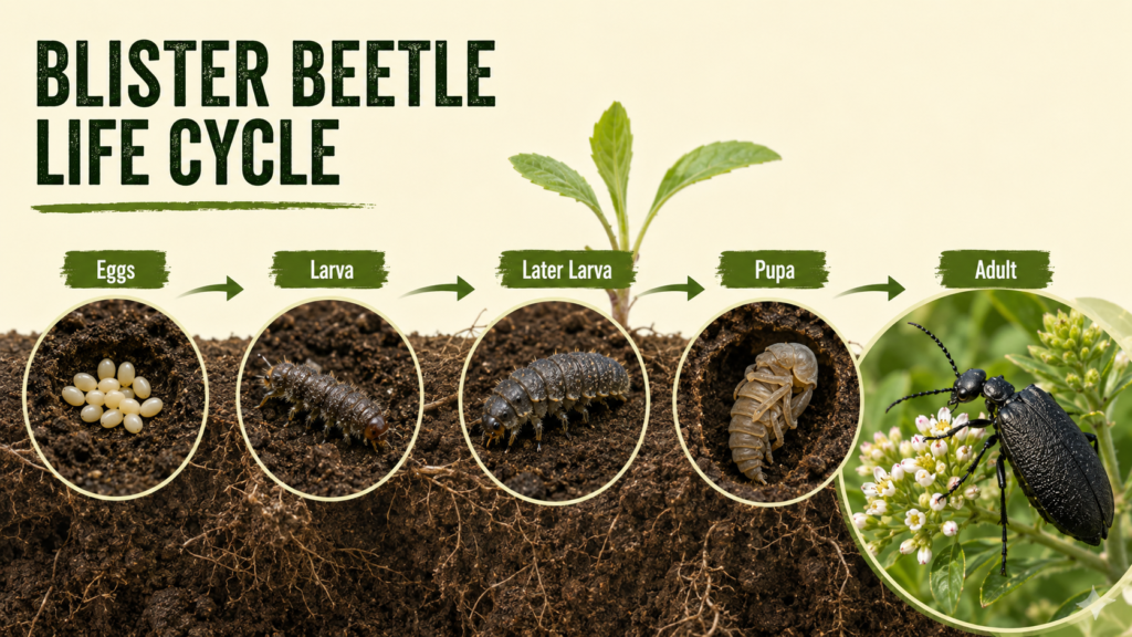 Blister Beetle: Identification, Damage & Control Guide Blister beetle life cycle from egg and larva to adult beetle